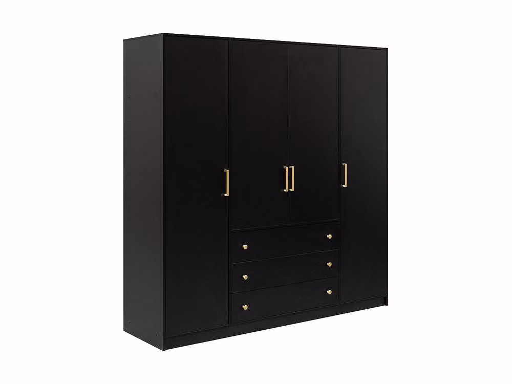 Vente-unique Lizandro Modern Wardrobe with 4 Doors and 3 Drawers, Black and Gold, W: 196 cm, H: 200 cm, D: 58 cm – 2