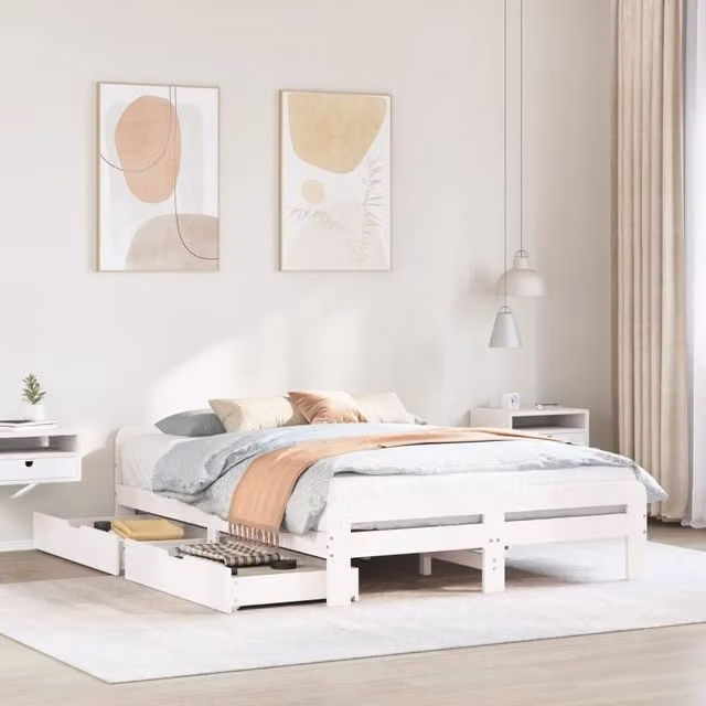 Berkfield Home King Size Solid Wood Pine Bed Frame in White, W/D/H: 150 x 200 cm