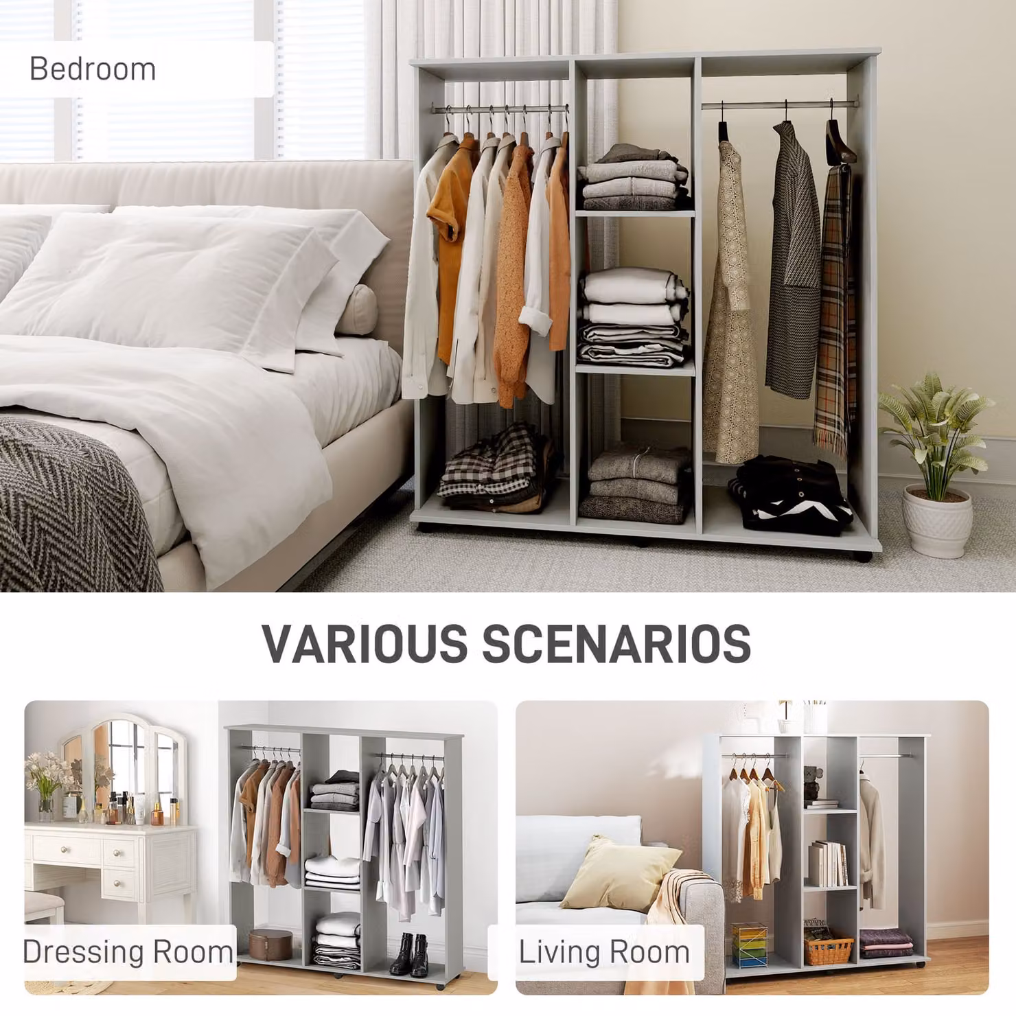 HOMCOM Double Open Wardrobe on Wheels with Clothes Hanging Rail and 3 Storage Shelves, Grey, W/D/H: 120 x 30 x 128 cm – 4