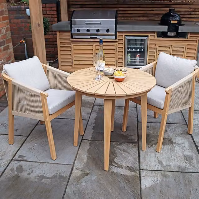 Royalcraft Roma 3 Piece Round Bistro Set in Beige Lacquered Acacia Wood with Lounging Chairs, W/D/H: 80 x 80 x 80 cm