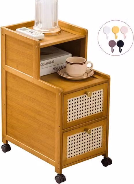Ventryn Bamboo Narrow Edge Nightstand, Modern Minimalist Rolling Drawer Unit in Brown – 1