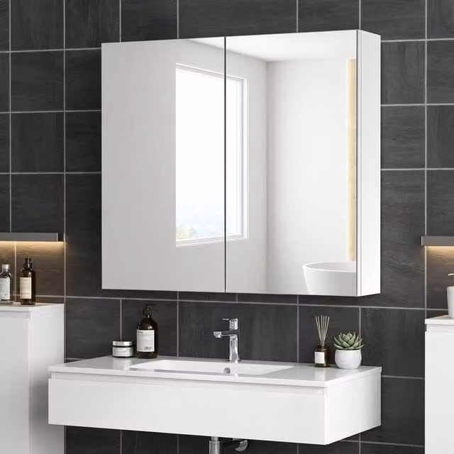 STILVORA Modern Silver Mirror Cabinet with Double Hinged Glass Doors and LED Lighting, Width: 60 cm