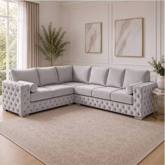Stratus Interiors Ashley Chesterfield Full Back Corner Sofa in Silver Plush Velvet Fabric – 1