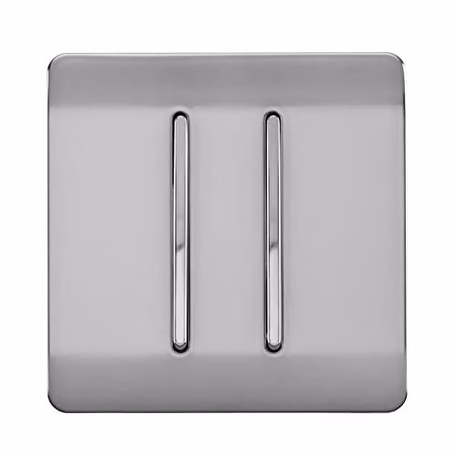 Trendi 2 Gang 2 Way 10 Amp Screwless Raised Front Plate Electrical Wall Light Switch in Brushed Steel and Chrome Silver