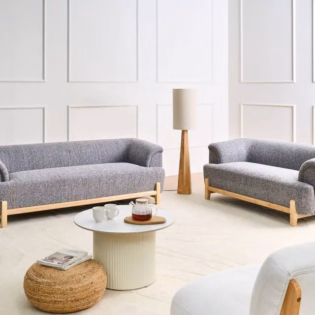 Wyld and Coco 5 Seater Sofa Set in Grey Polyester Fabric with Wooden Legs – 1