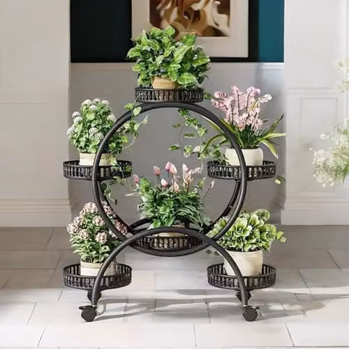 Rafaelo Mobilia 6 Tier Metal Plant Stand, Black Matt Indoor Outdoor Plant Organiser – 1