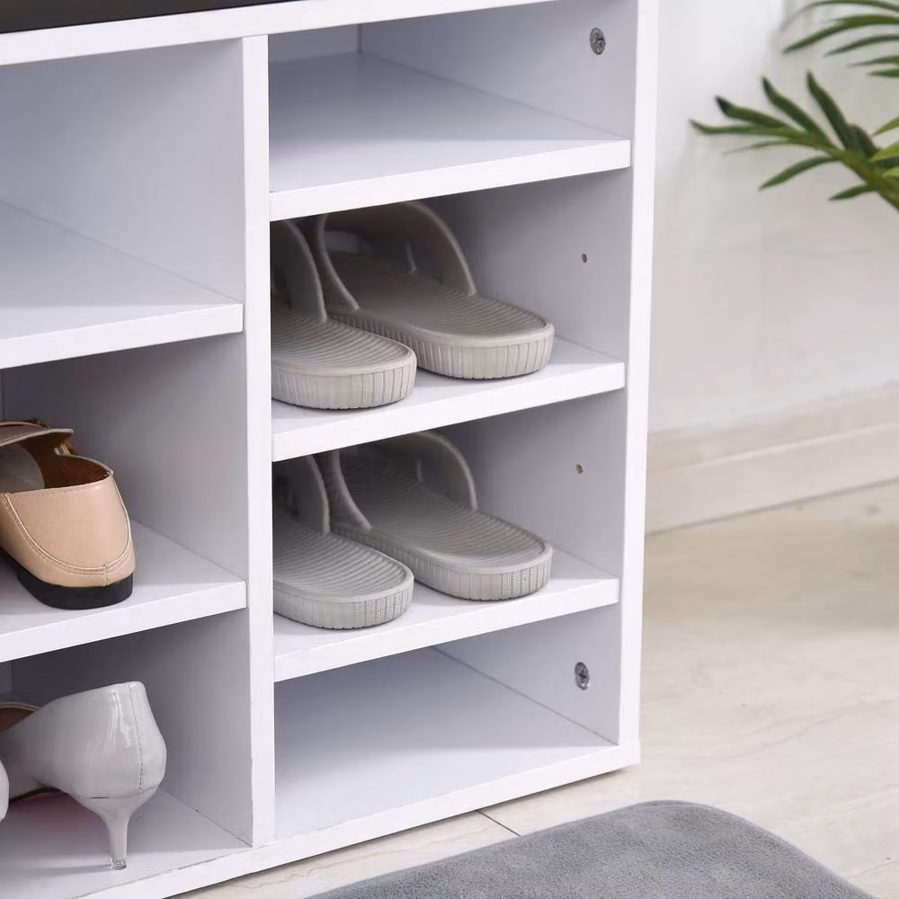 ERGOVEXA White Shoe Storage Bench with Synthetic Leather Cushion and Adjustable Shelves – 4