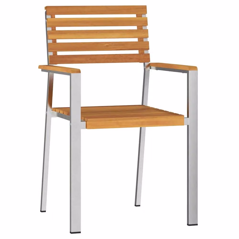 Berkfield Home Set of 4 Stackable Garden Chairs in Brown Acacia Wood and Stainless Steel – 2