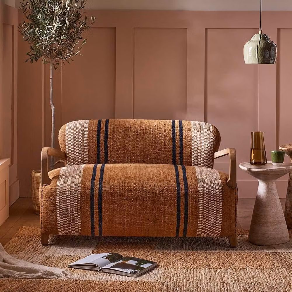 Atkin and Thyme Aviator Loveseat in Striped Cotton Fabric with Mango Wood and Metal Details in Black, White and Brown