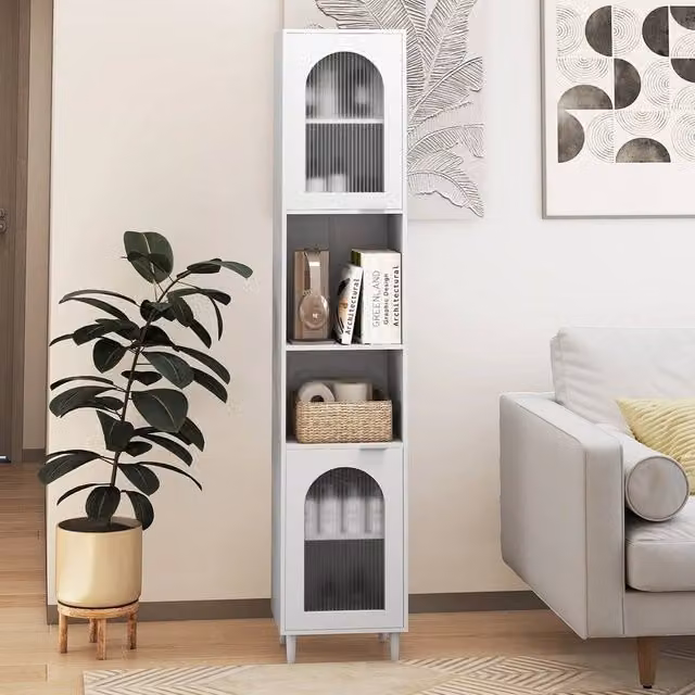 KORVIXA Tall Freestanding Bathroom Storage Cabinet in White with Glass Doors and Internal Shelves, H 180 x W 30 cm