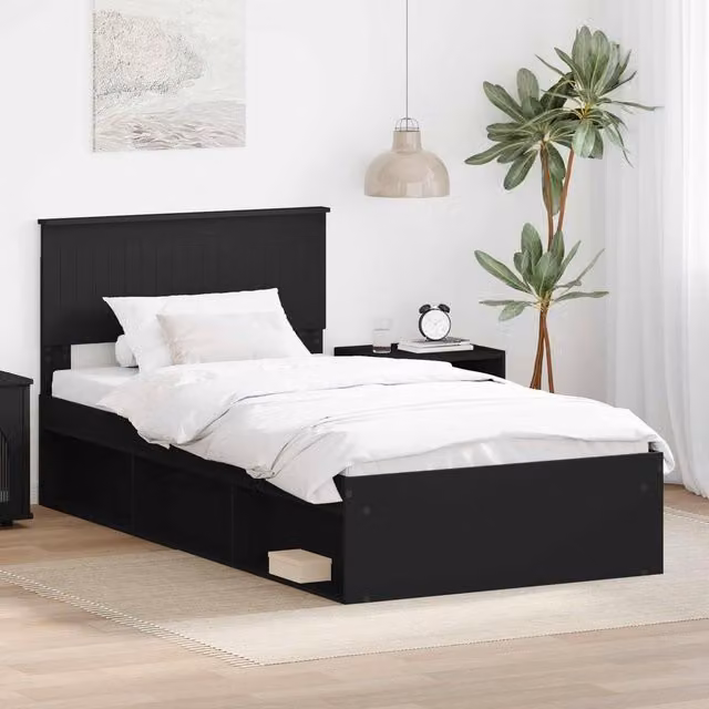 Berkfield Home Modern Bed Frame with Headboard in Black Pine Wood, W/D/H: 100 x 200 cm – 1