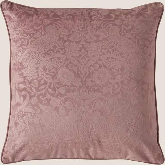 William Morris At Home Strawberry Thief Velvet Cushion in Rose Pink