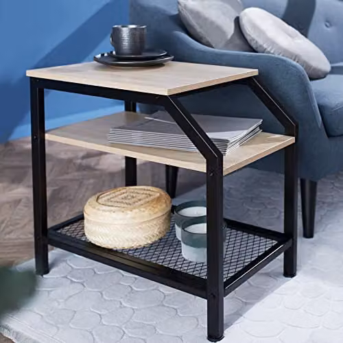 tectake Plymouth Bedside Table in Light Oak with Industrial Metal Frame, W/D/H: 36.5 x 58.5 x 59.5 cm – 2
