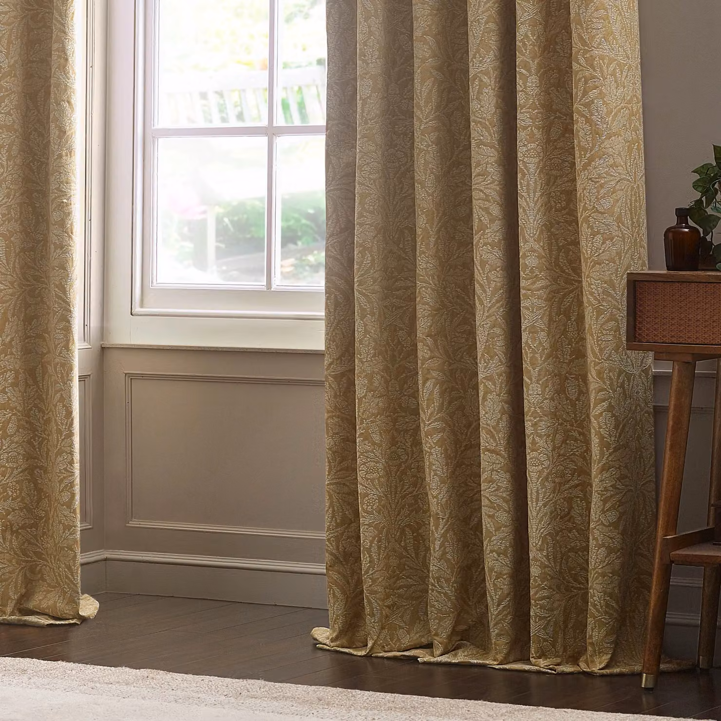 Morris & Co Acorn Tonal Matt Jacquard Pencil Pleat Curtains in Gold, Width: 168 cm, Drop: 137 cm – 4