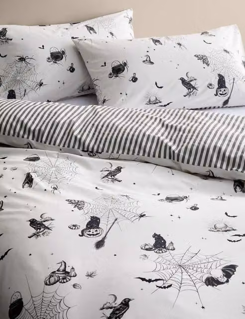 M&S Cotton Rich Reversible Halloween Printed Bedding Set, Black and White, 200 x 200 cm