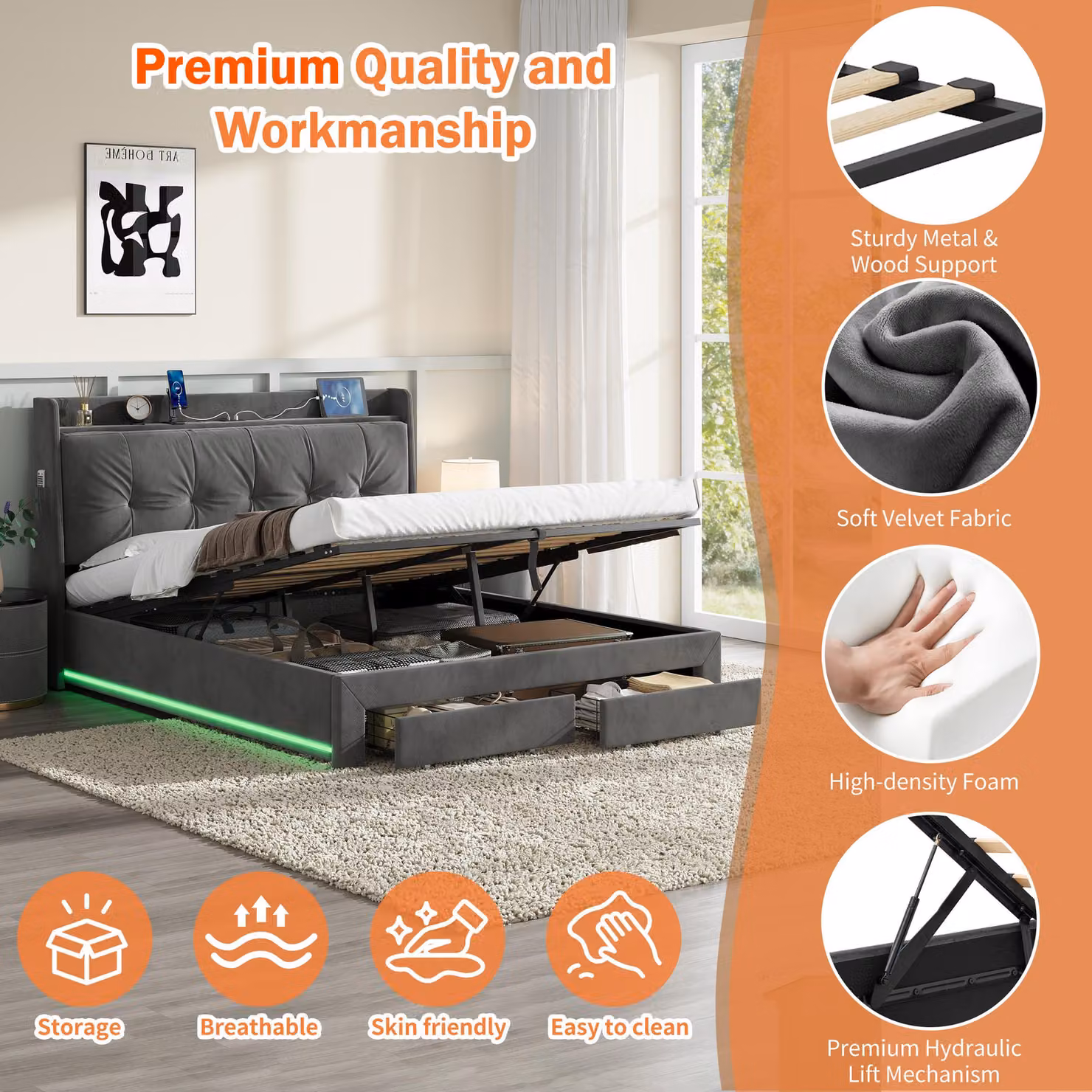 Aosom UK 5ft King Ottoman Bed Frame with Two Drawers and Side Pockets, Grey Velvet Upholstered Headboard, W/D/H: 155 x 213 x 111 cm – 5