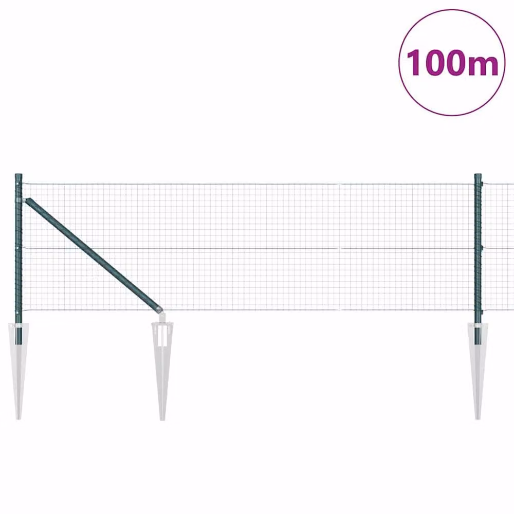 Berkfield Home Green Powder-Coated Steel Welded Wire Fence with 13 In-Ground Spike Posts, W: 100 m, H: 0.4 m – 2