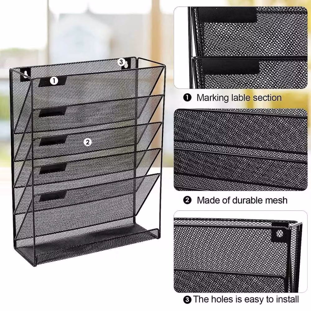 VOGREX 6-Tier Wall Mounted A4 Paper Filing Tray Organiser in Black – 3