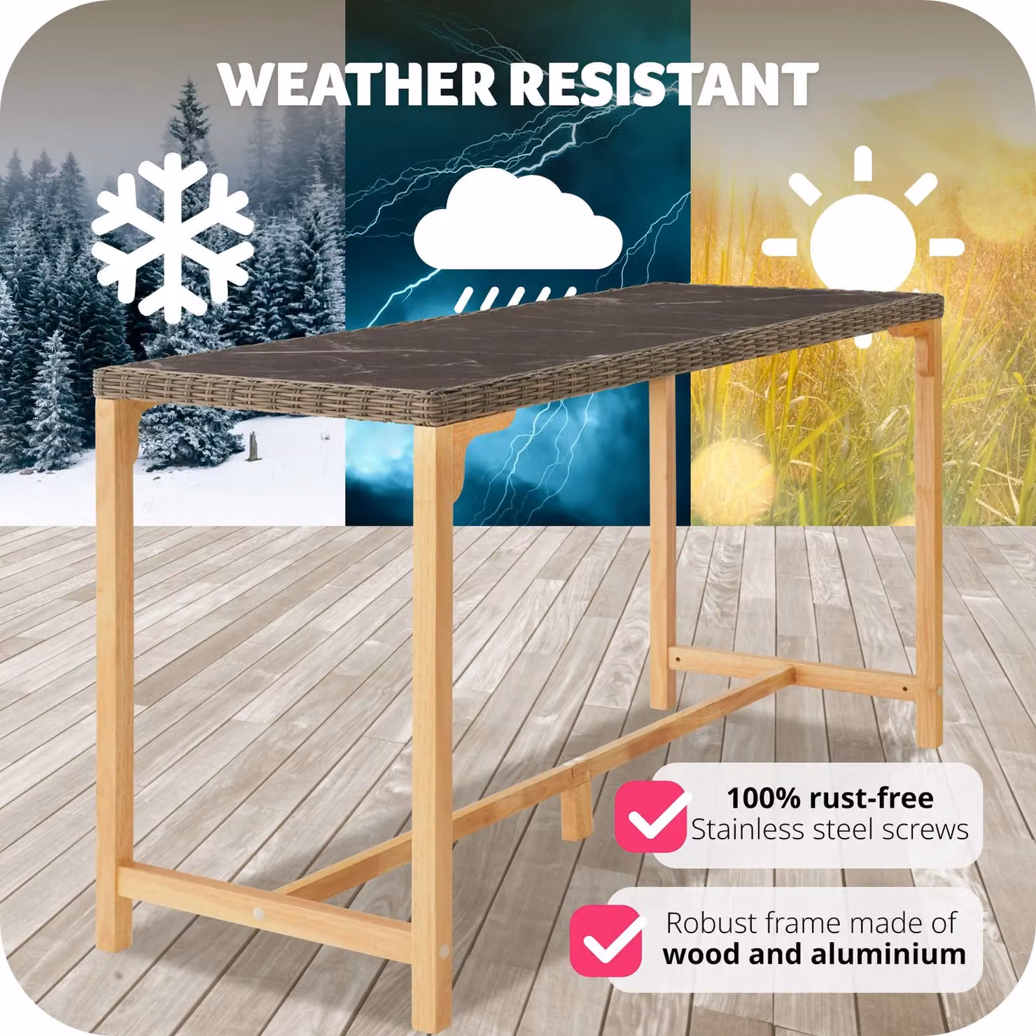 tectake Lovas Round Garden Table in Natural Brown and Multicolour Polyrattan with Marble Effect Top – 5