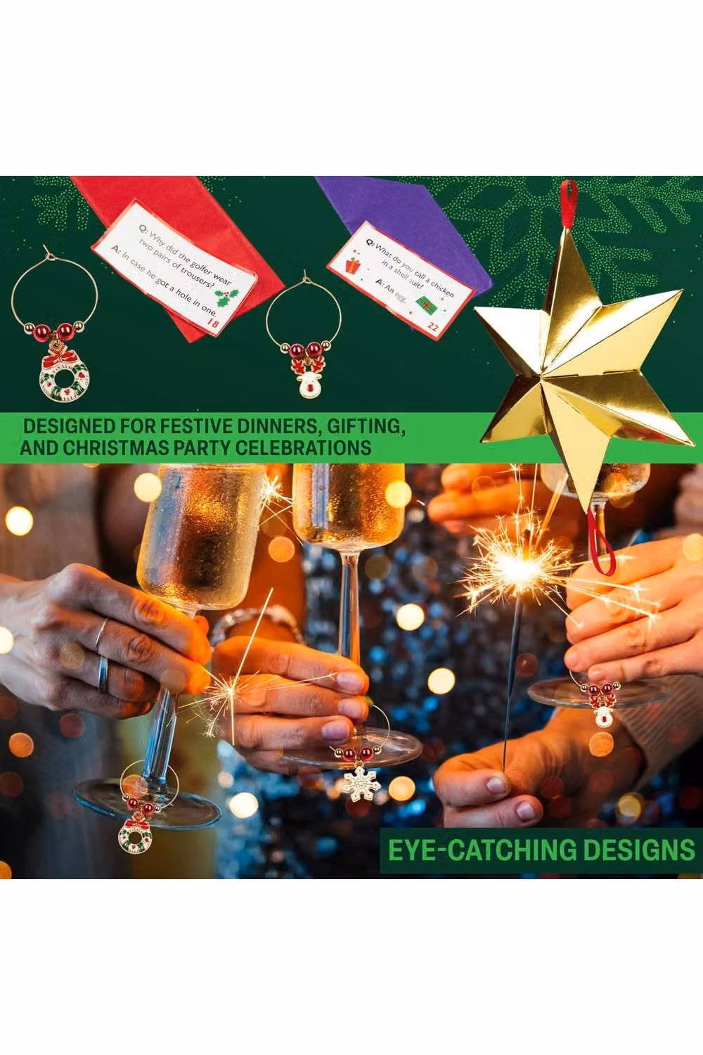 KreativeKraft Luxury Christmas Crackers and Wine Glass Charms Set, 6 Pack, Gold Star and Multicolour – 8