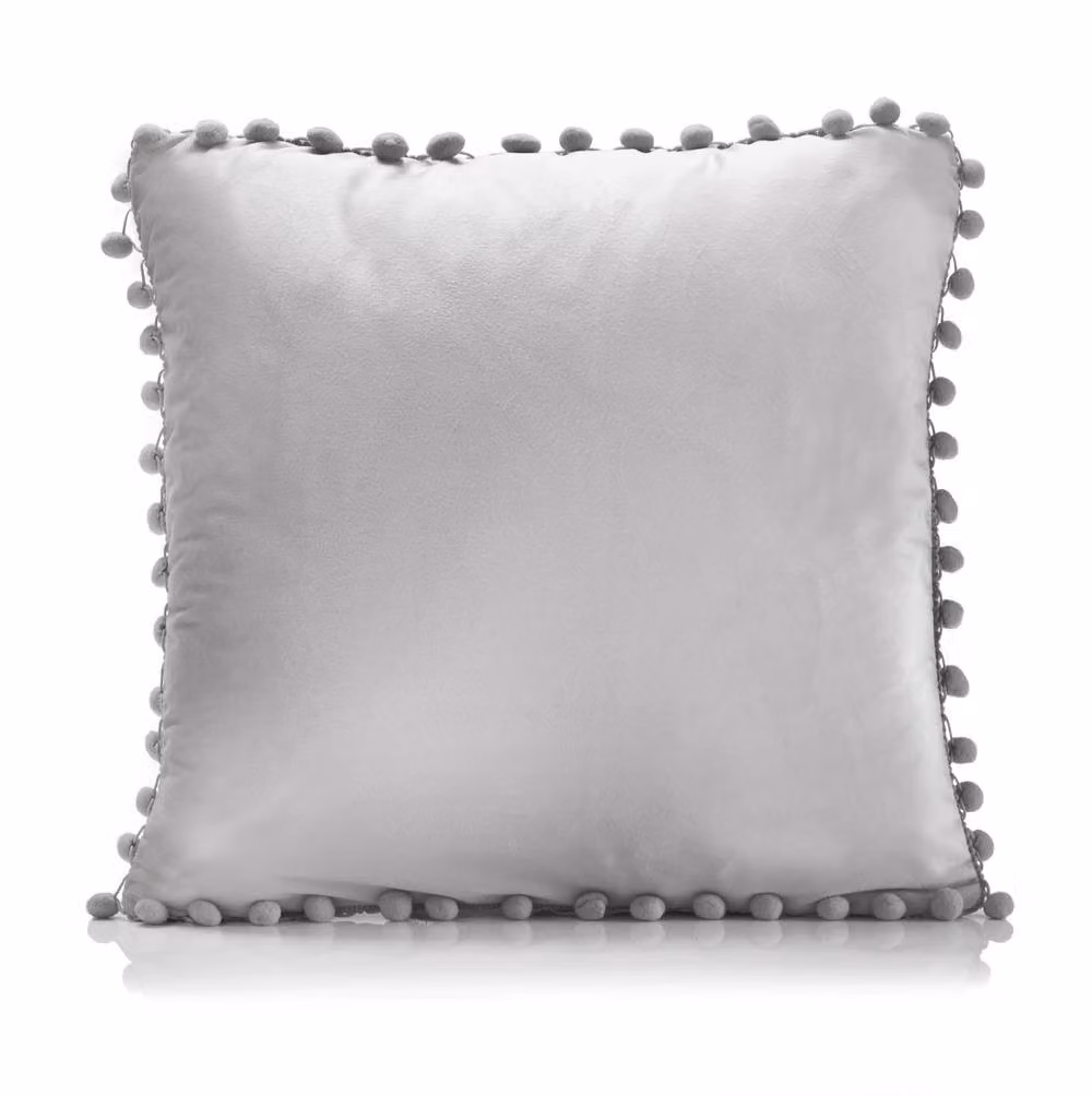 Luxury Living Set of 4 Silver Velvet Square Cushions with Pom Trim, W/D/H: 43 x 43 x 43 cm – 4