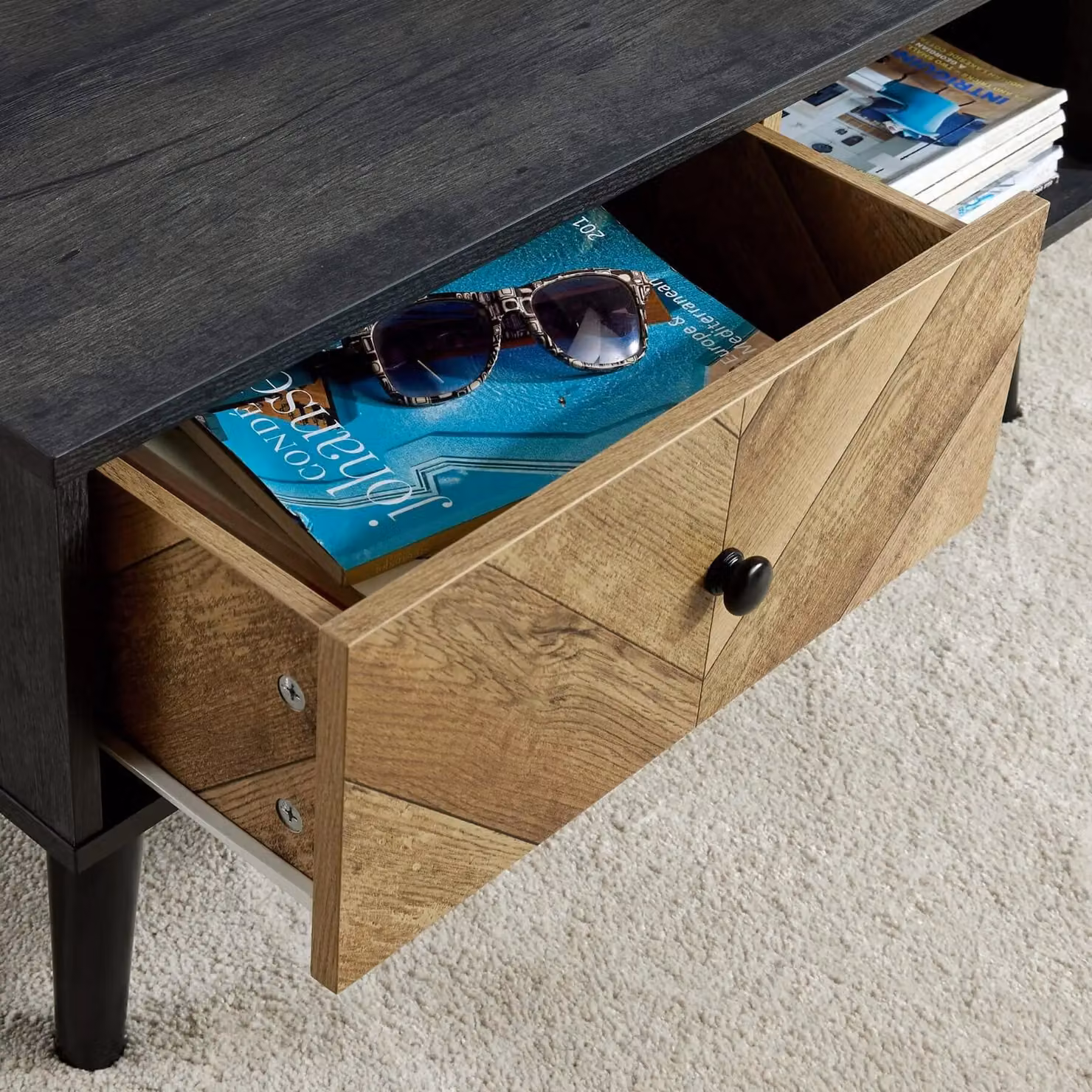 Home Source Mid-Century Rectangular Coffee Table with One Drawer and Open Storage in Black – 5