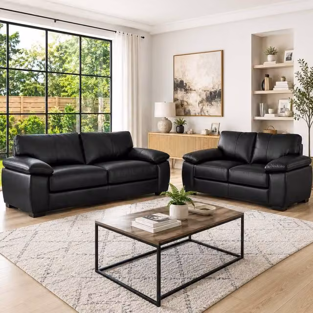 LUXURY LIFE Amalfi Air Leather Sofa Set in Black – 1
