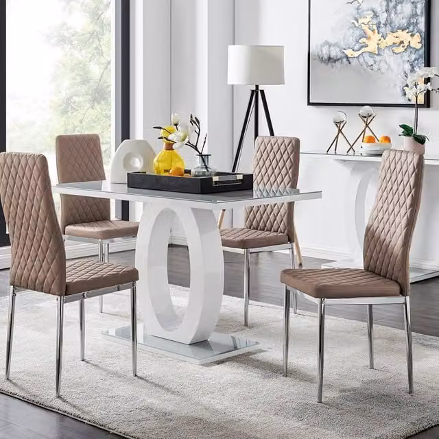 FurnitureboxUK Giovani Modern High Gloss and Glass Rectangular Dining Table and 4 Milan Chairs Set in Grey, White and Beige W/D/H: 120 x 70 x 70 cm – 1