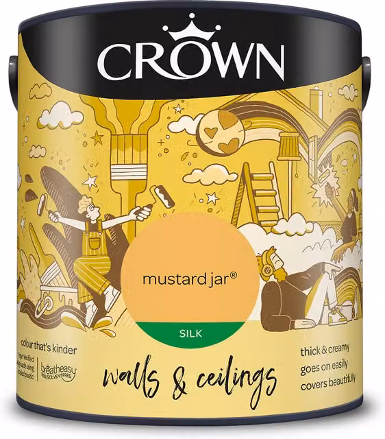 Crown Walls and Ceilings Silk Emulsion in Mustard Jar, Yellow, 2.5l