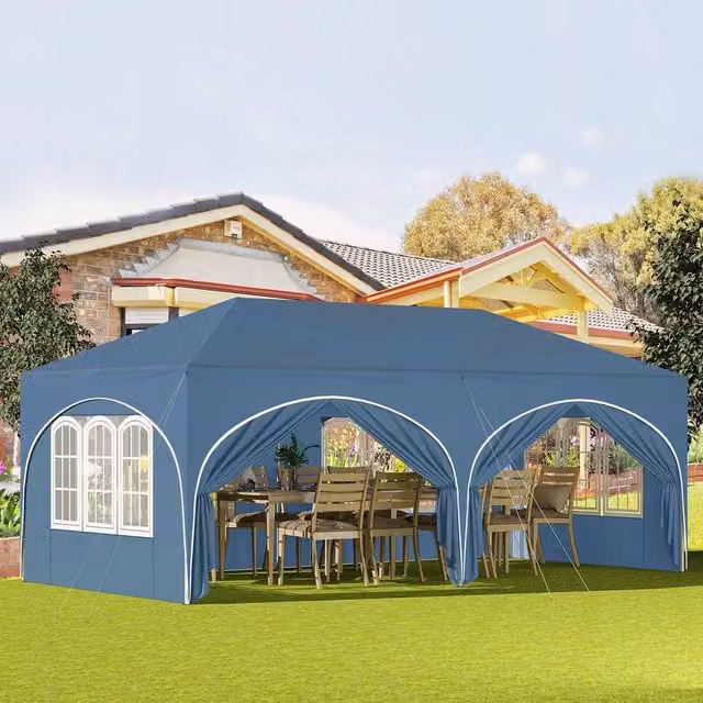 WOLTU Blue Metal Folding Gazebo with Hip Roof, W: 300 cm, D: 300 cm, H: 195 cm