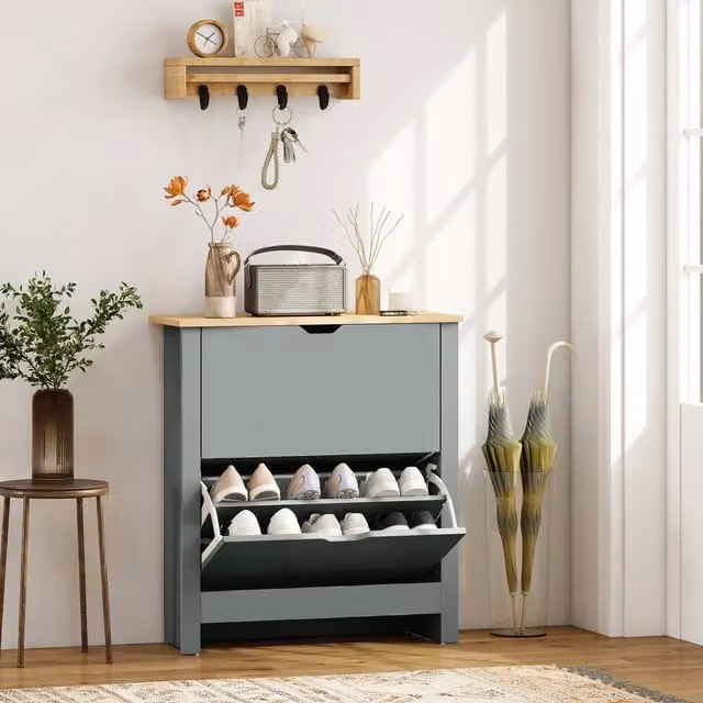 HOMCOM Modern Freestanding Shoe Storage Cabinet with 4 Shelves and 2 Internal Drawers, Grey