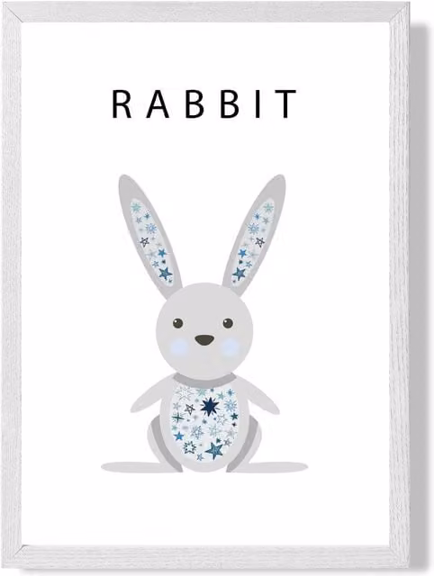 ARTZE Cute Rabbit with Blue Stars Framed Paper Poster in Pale Blue, Size A2