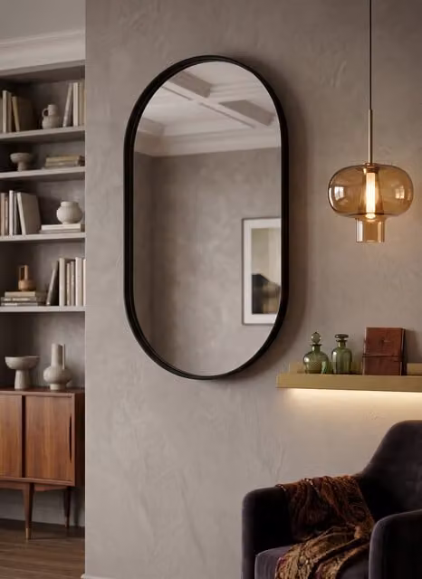 Biznest Black Oval Minimalist Aluminium Frame Wall Mirror, W: 70 cm, H: 50 cm, D: 3.5 cm