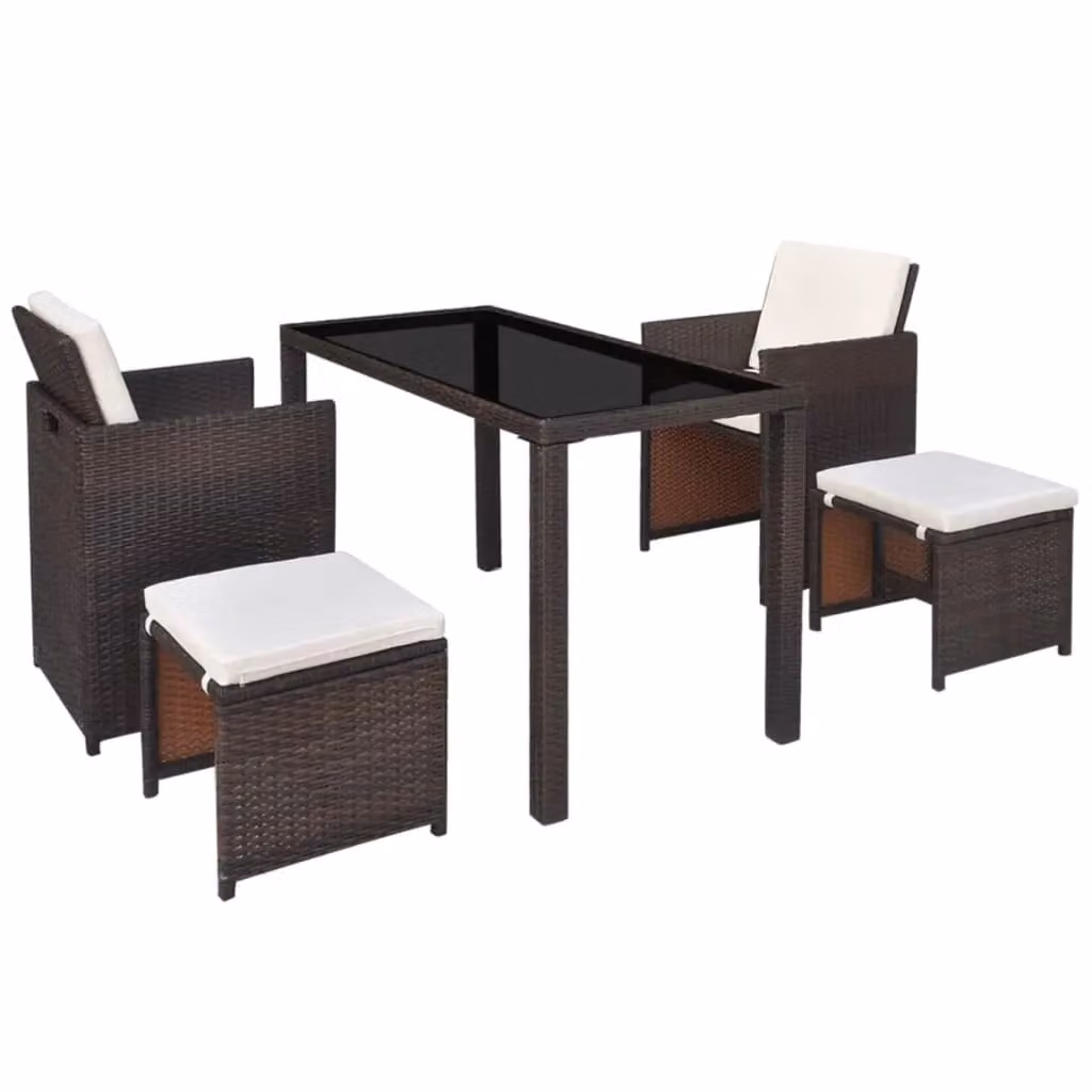 Berkfield Home 5 Piece Brown Poly Rattan Outdoor Dining Set with Cushions and Glass Top – 3