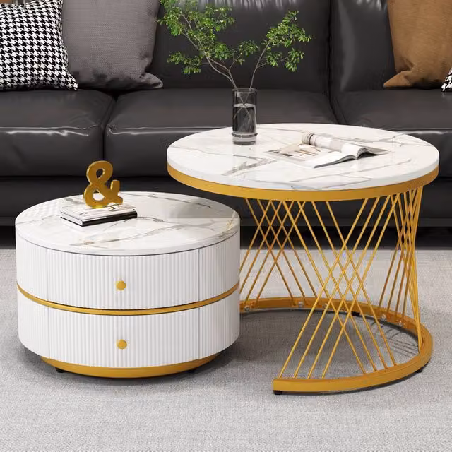 ModernLuxe Set of 2 High Gloss Round Nesting Coffee Tables with Drawers in White and Gold – 1