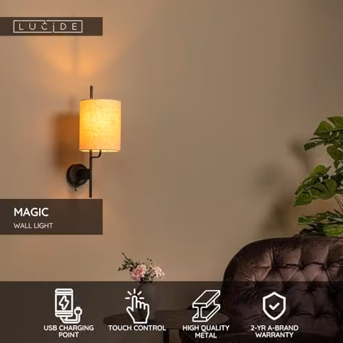 Lucide Magic Black Wall Light with USB Charging Point and E27 Socket – 2