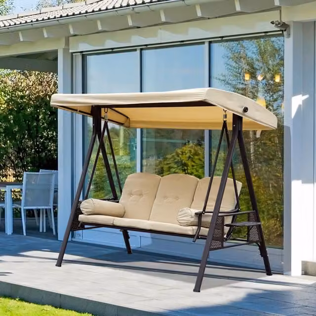 Outsunny 3 Seat Modern Garden Swing Chair with Sun Canopy and Cushions in Beige and White