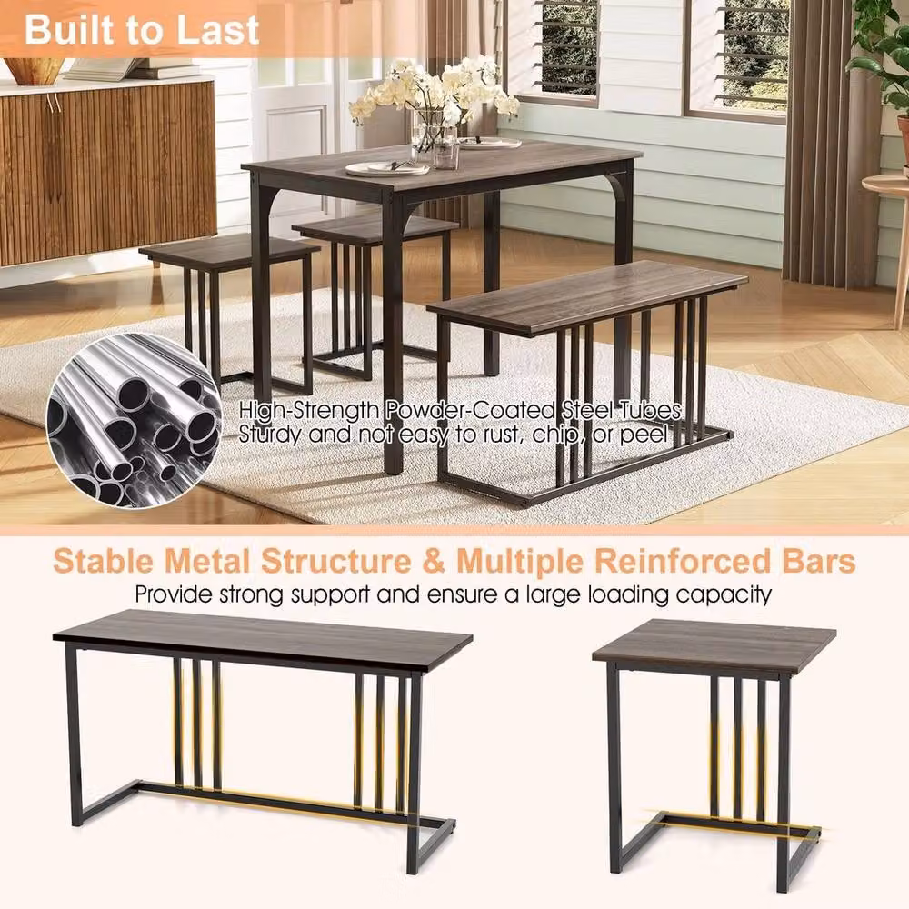 FORGEVIO Industrial Dining Set with Rectangular Wood Table, Bench and 2 Stools for 4 Persons in Grey and Black – 3