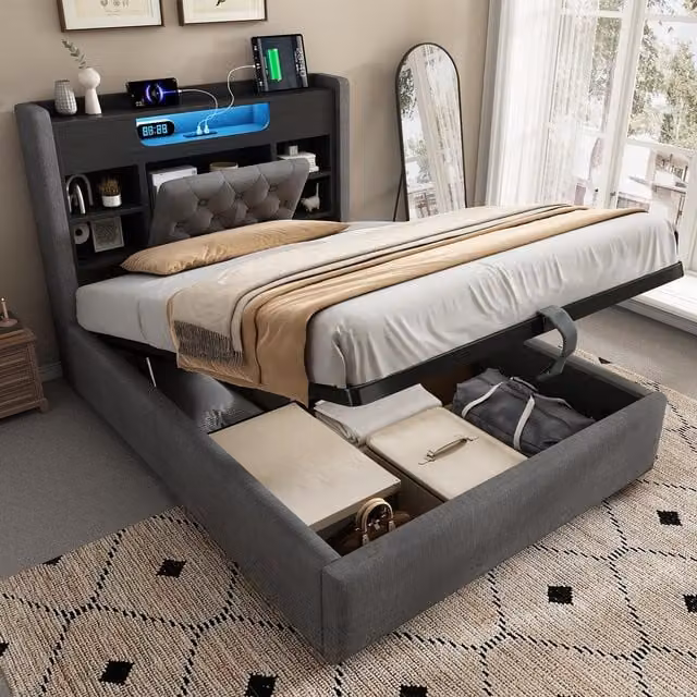 Aosom UK Grey Upholstered Linen Double Bed Frame with Hydraulic Under-Bed Storage, Ambient LED Lighting and USB Charging Port, W/D/H: 143 x 213 x 115 cm
