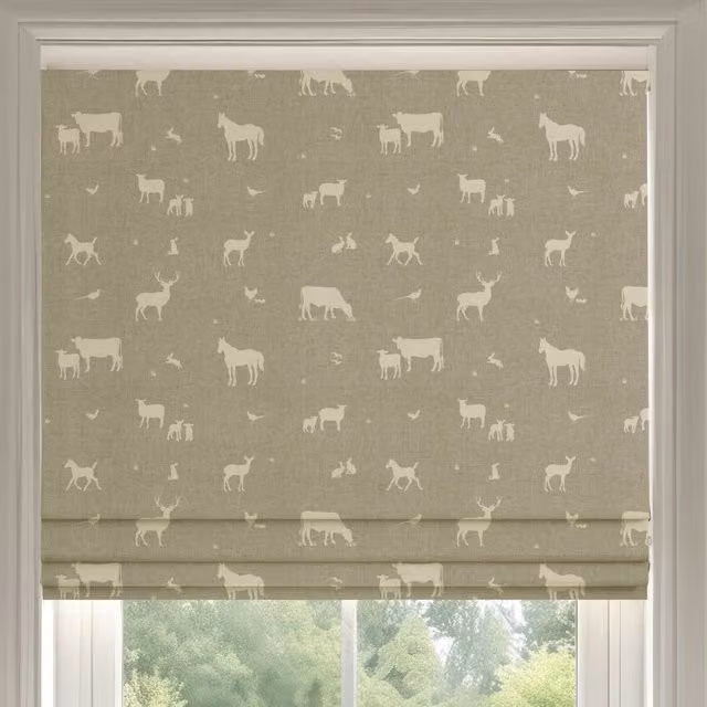 ANTE DECOR Country Animals Printed Cotton Made To Measure Roman Blind in Beige Cream