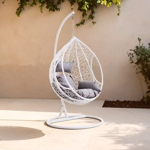 Orsina White Rattan Effect Hanging Chair with Grey Cushions and Round Base