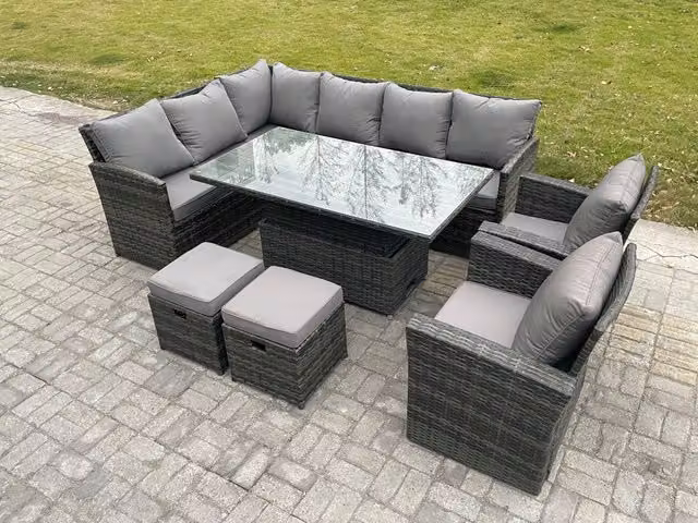 Fimous Grey PE Rattan Outdoor Garden Furniture Set with Height Adjustable Lifting Table, 2 Armchairs and 2 Footstools