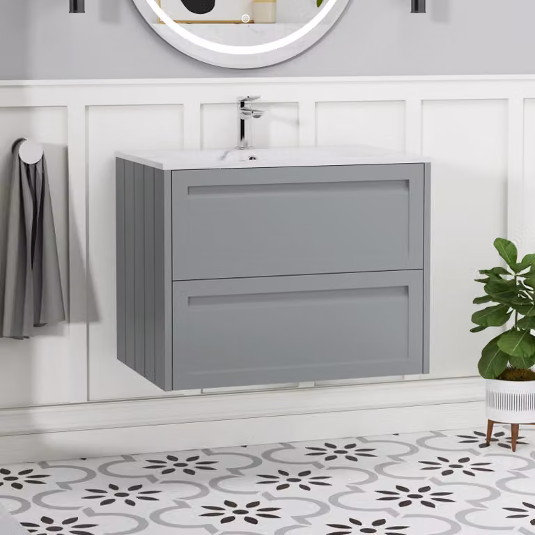 Royal Bathrooms Elmore 700mm Traditional Wall Hung 2 Drawer Vanity Unit with Carrara White Basin, Matt Pebble Grey
