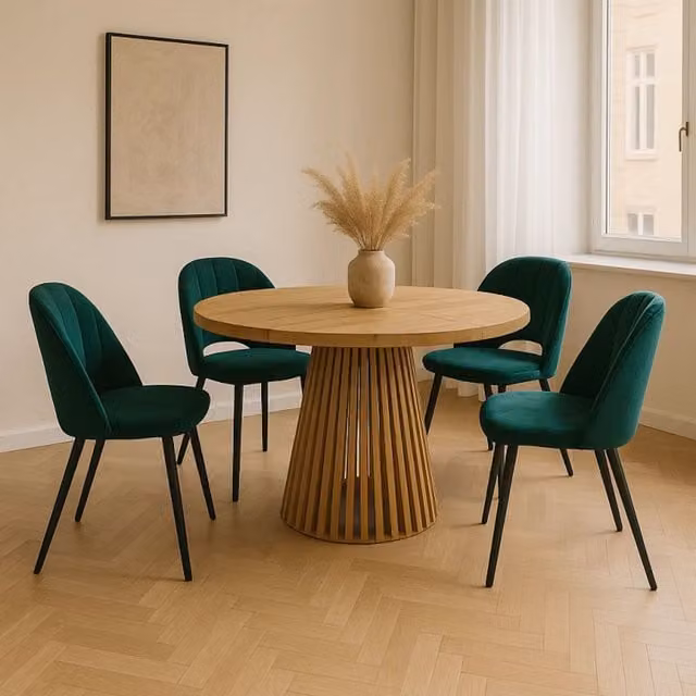 Heze Furniture Ruston Modern Round Extendable Dining Table in Brown Oak Finish, Diameter: 100 cm – 1