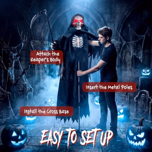 HOMCOM Life Size Animated Grim Reaper Halloween Decoration in Black and Red, Height: 170 cm – 8