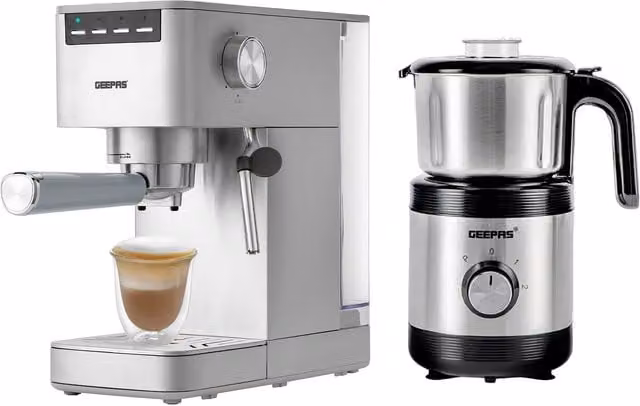 Geepas 1450W Espresso and Cappuccino Coffee Machine with 450W Coffee Grinder Combo Set in Metallic Silver