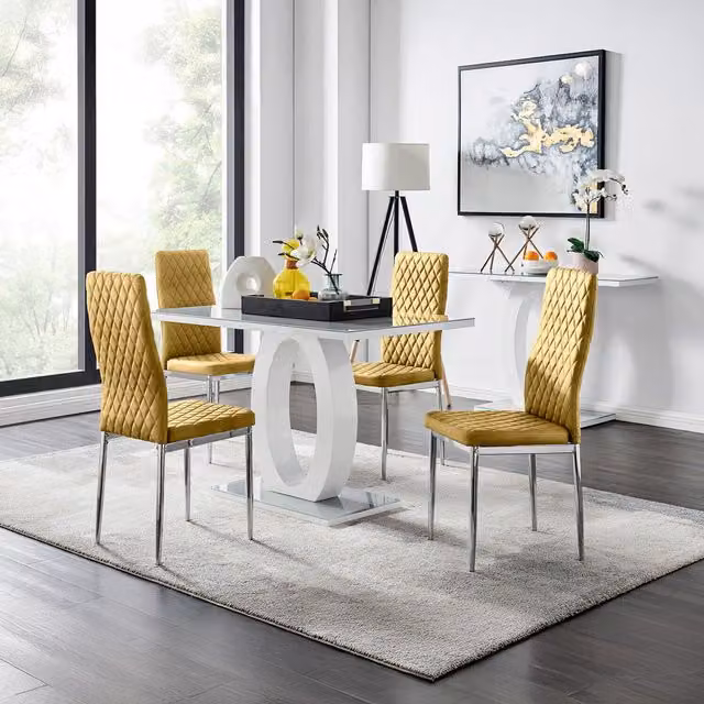 FurnitureboxUK Giovani Grey Glass Dining Table and 4 Mustard Velvet Milan Chairs
