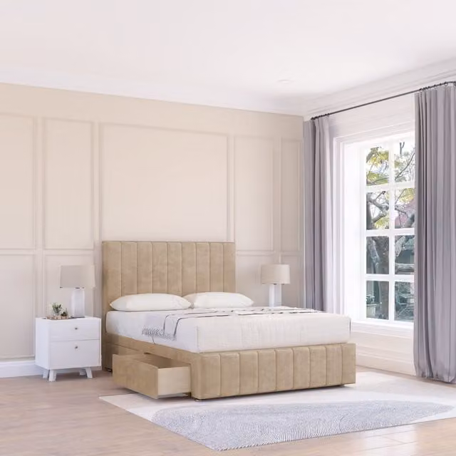 Sloomy California Divan Bed Base in Beige Velvet with 2 Drawers, 12 inch Footboard and 26 inch Strutted Headboard, Super King, W: 200 cm, D: 200 cm