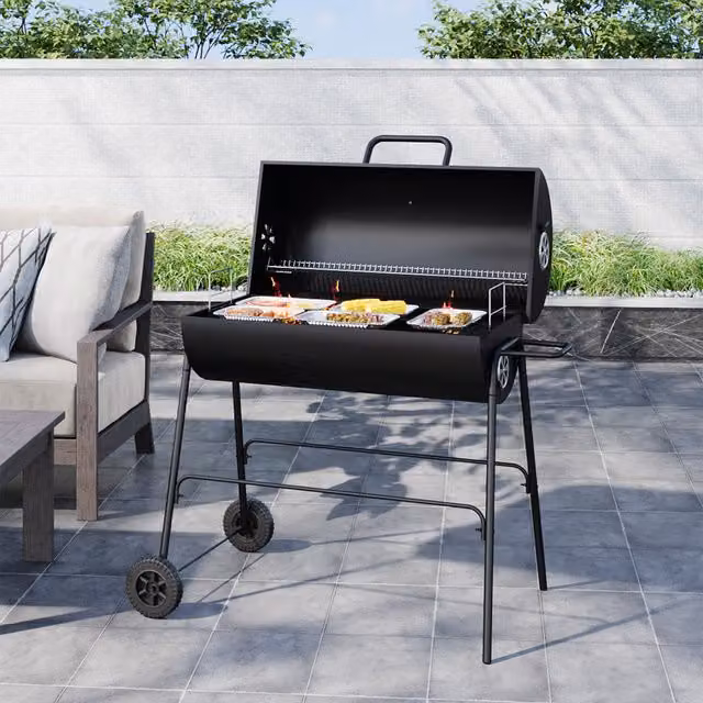 Breeins Black Steel Kettle Charcoal BBQ Grill with Thermometer, 68 cm