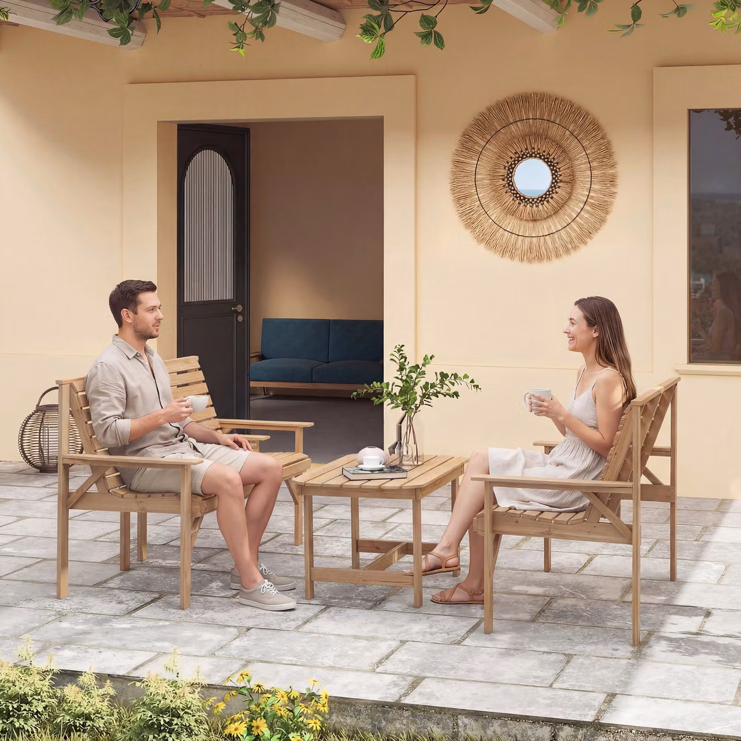 Outsunny 4 Piece Wooden Garden Furniture Set in Brown, including 2 Armchairs, Loveseat and Coffee Table – 6